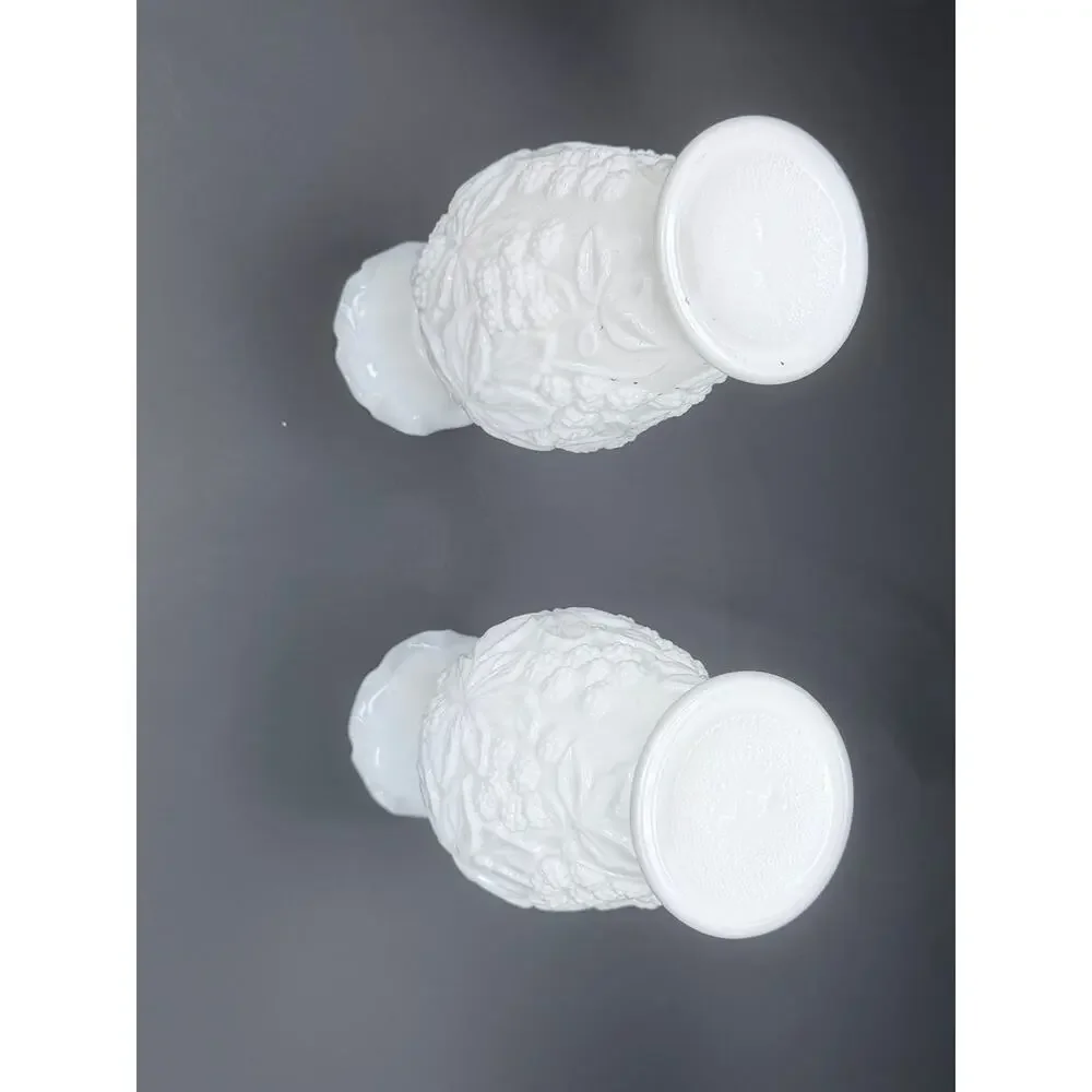 Pair Vintage Imperial Loganberry White Milk Glass Vases 6.25 Inch Ruffled